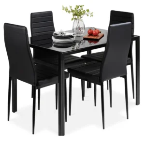 Best Choice Products 5-Piece Glass Dining Set, Modern Kitchen Table Furniture for Dining Room, Compact Space-Saving w/Glass Tabletop, Dinette, 4 Upholstered PU Chairs, Metal Steel Frame - Black